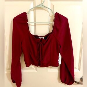 Red long sleeve lace up crop top